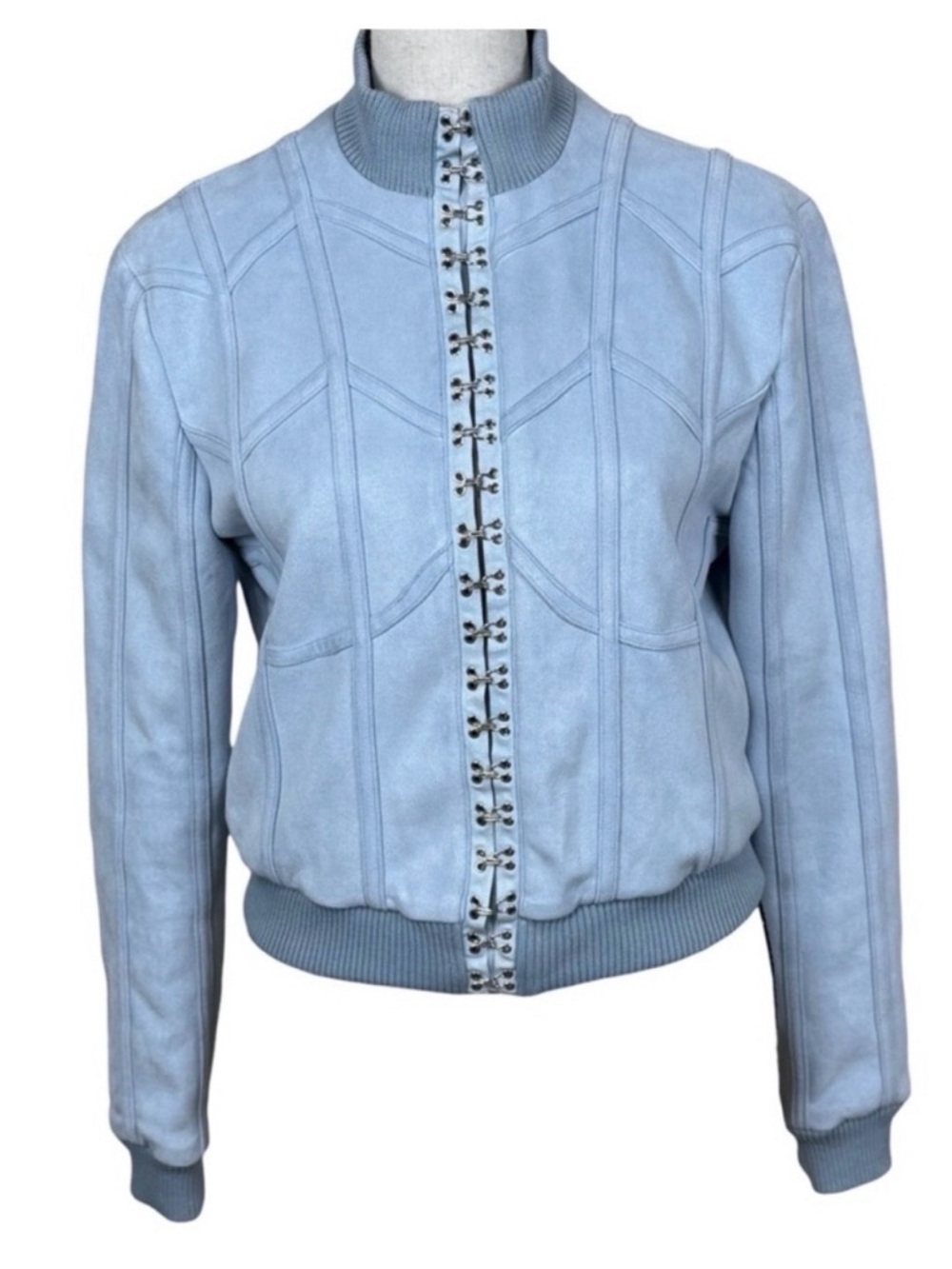 House of CB Rafal Powder Blue Faux Suede Corset Bomber Cropped Y2K S - Picture 8 of 16